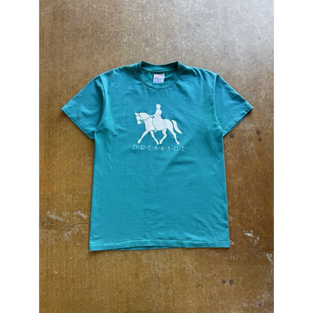 VTG 90s Dressage French Equestrian Horse Riding T-Shirt Teal Turquoise M